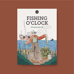 带有渔营概念 水彩色风格的海报模板运动插图广告海鲜钓鱼小册子水彩手绘闲暇野生动物图片