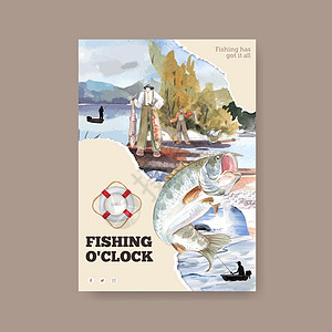 带有渔营概念 水彩色风格的海报模板卷轴小册子俱乐部闲暇营销海鲜手绘动物野生动物广告图片