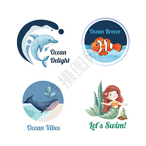 带有海洋喜悦概念 水彩风格的Logo设计蓝色旅游水族馆鲨鱼插图贝类环境营销广告乌贼图片