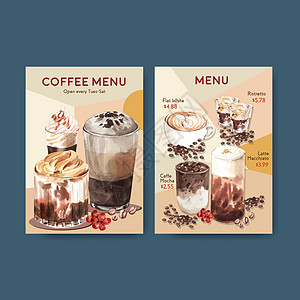 具有韩国咖啡风格概念的餐厅和小酒馆水彩矢量图案菜单模板奶油泡沫广告美食玻璃饮料营销拿铁乳白色鞭打图片