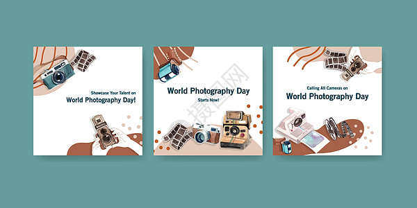 宣传模板设计与世界摄影日的传单和小册子水彩插图技术横幅快门电影摄影师卡片爱好镜片营销照片图片