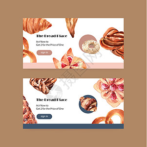 Twitter 模板设计与面包店的社交媒体和在线社区水彩它制作图案蛋糕营销互联网面包师插图食物产品粮食谷物菜单图片