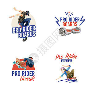 带有滑板设计概念的标志 用于品牌和营销水彩矢量插图溜冰者诡计滑冰运动娱乐乐趣活动青少年闲暇行动图片
