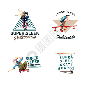 带有滑板设计概念的标志 用于品牌和营销水彩矢量插图跳跃木板青少年滑冰运动街道闲暇娱乐诡计活动图片