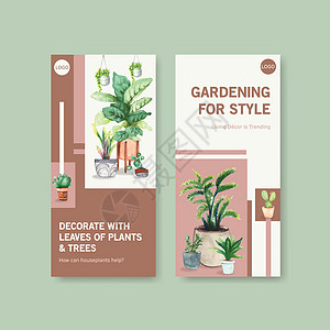 用于传单 小册子 小册子和广告水彩插图的夏季植物传单模板设计双色绘画花盆贝母箭头绿萝叶子手绘肉质花园图片