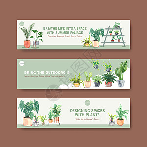 夏季植物横幅模板设计手册 传单 广告和小册子水彩图案花园叶子插图肉质双色贝母文档箭头园艺手绘图片