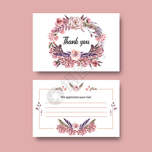 干花明信片设计与水彩插图花束花圈牡丹手绘玫瑰粉色绘画打印蕨叶艺术图片