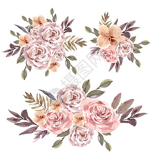 干花花束设计与牡丹玫瑰水彩插图绘画草图兰花手绘粉色艺术染色树叶图片