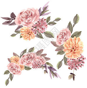 干花花束设计与迷迭香叶水彩插图染色手绘玫瑰绘画艺术植物群树叶万寿菊图片