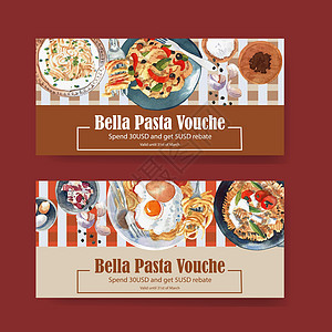 意大利面券设计与水彩它制作图案厨房手绘食谱艺术绘画熏肉打印面粉染色面条图片