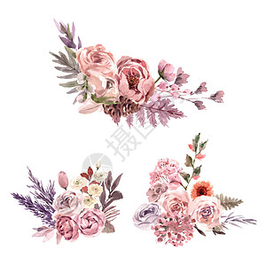 干花花束设计与水彩插图艺术玫瑰花蕾松树手绘蕨叶树叶绘画牡丹金鱼图片