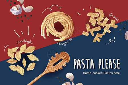 意大利面框架设计与水彩插图美食社交广告草图手绘面条艺术胡椒绘画媒体图片