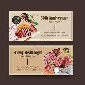 牛排券设计与烤肉意大利面水彩插图创造力染色手绘食物牛扒打印艺术绘画餐巾纸图片
