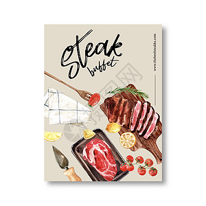 牛排海报设计与烤肉鲜肉水彩插图图片