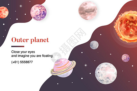 星系框架设计与插图水彩染色月亮星星天空行星土星活力手绘绘画海王星图片