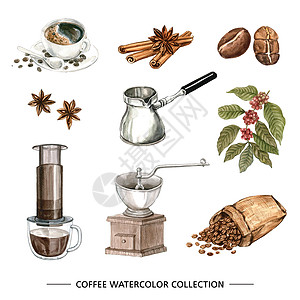 白色背景上的咖啡水彩系列设计插图图片