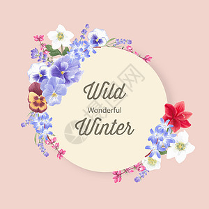 冬花花环设计与兰花薰衣草水彩插图图片