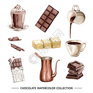 白色背景上各种孤立的水彩巧克力插图集图片