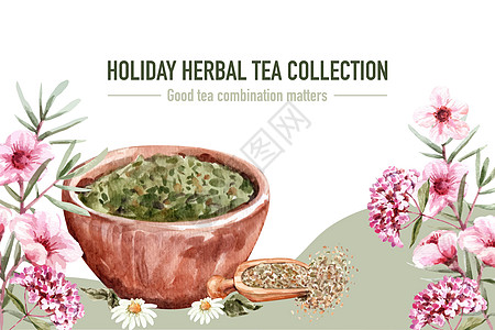 花草茶框架设计与水彩插图芙蓉香气手绘艺术情绪洋甘菊植物绘画绿茶创造力图片