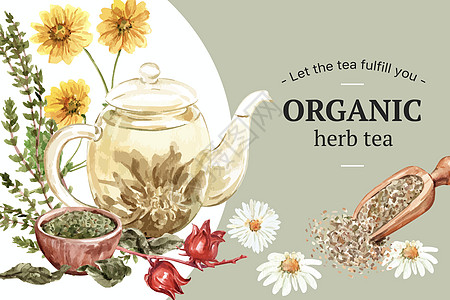 茶壶水彩插图的凉茶框架设计图片