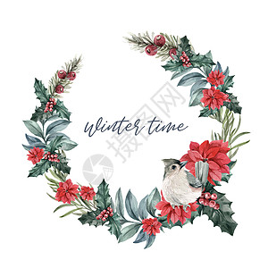 冬花花环设计与一品红浆果鸟水彩插图图片