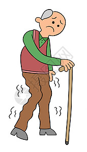 卡通老人有一根拐杖 他几乎不能走路矢量图皱纹老年绘画男性退休手绘祖父男人艺术插图图片