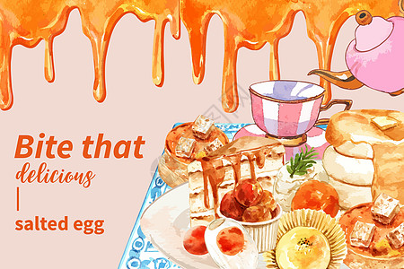 咸蛋框架设计与茶壶馅蛋糕水彩插图图片