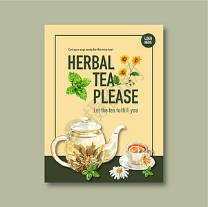 带有菊花洋甘菊薄荷茶壶水彩插图的凉茶海报设计图片