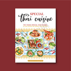 泰国食品海报设计与烤鸡汤 yum kung 插图水彩图片