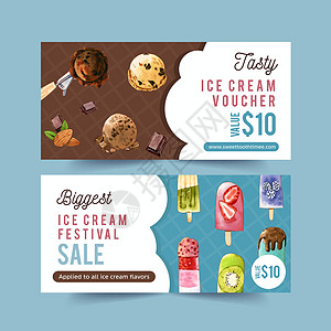 带有混合水果水彩插图的冰淇淋券设计打印创造力巧克力片奇异果手绘杏仁艺术巧克力绘画香草图片