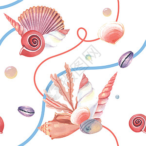 海壳海洋生命模式无缝 海滩上暑假旅行 孤立的aquarelle纺织品 矢量插图彩色珊瑚水彩画热带藻类色彩生活艺术海藻彩虹粉色海军图片