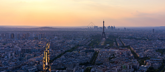 巴黎 埃菲尔铁塔和拉德芳斯商业区的全景鸟瞰图 日落时的巴黎鸟瞰图 巴黎天际线与艾菲尔铁塔和的全景 法国巴黎旅游地标旅行天空建筑学图片