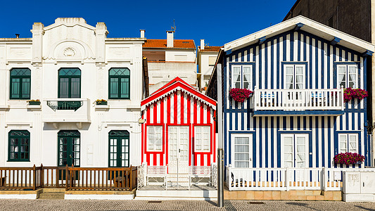 葡萄牙阿威罗新海岸的街道上有五颜六色的房子 有条纹房子的街道 新海岸 阿威罗 葡萄牙 葡萄牙阿威罗新海岸色彩缤纷的房屋外墙花坛旅图片