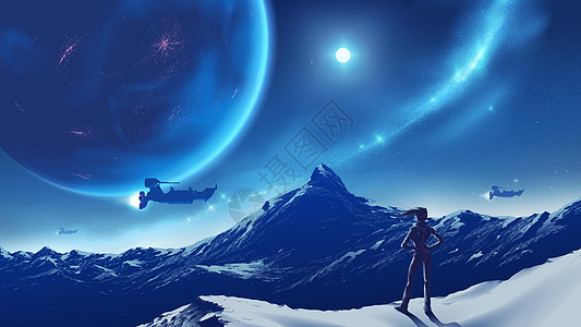 一位女士站在峰顶望着天空中可居住星球的广阔山景 在一个未知的星球上图片