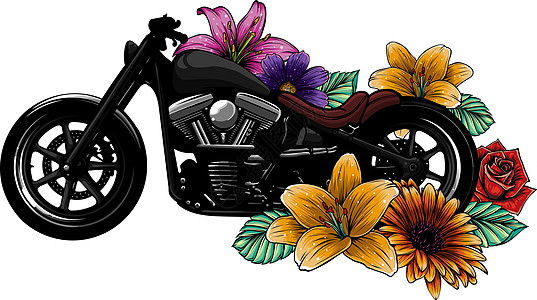 矢量图的摩托车自行车与 flowe发动机横幅邀请函玫瑰运输植物明信片速度插图艺术图片