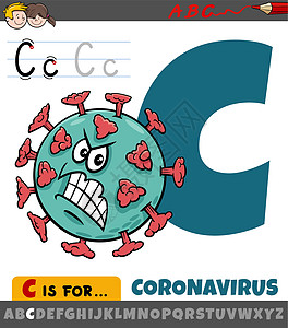 从带有卡通冠状病毒字符的字母表中的字母 C图片