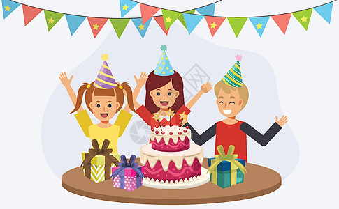 孩子们在生日聚会上 生日蛋糕的孩子们 生日快乐派对概念 平面卡通人物矢量插图图片
