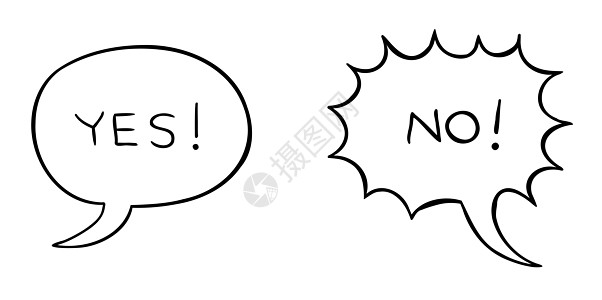 带 yes 的语音气泡和带 n 的感叹号气泡的卡通矢量插图协议艺术绘画表决社会调查问卷拇指手绘分歧投票图片
