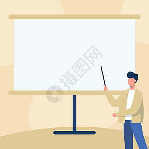 夹克绘图中的老师站在显示消息的空白白板上指着棍子 教授设计指向显示新课程和讲座的董事会图表商务创造力商业学习经理海报绘画成功桌子图片