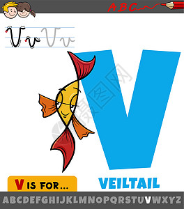 带有卡通 veiltail 鱼特征的字母表中的字母 V图片