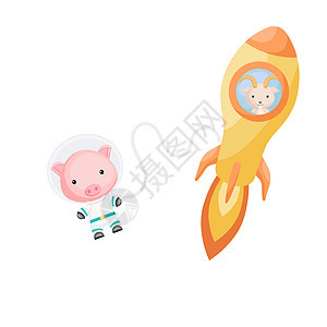 可爱的小山羊在黄色火箭中飞翔 卡通猪角色在太空服装与火箭在白色背景 婴儿淋浴邀请卡墙装饰设计 它制作图案矢量背景图片