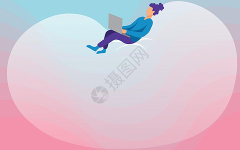 坐在一个大豆袋上使用笔记本电脑的女士绘图 女人在浏览便携式计算机时放松并躺在大泡沫枕头上套装海浪互联网阅读想像力幸福技术快乐卡通图片