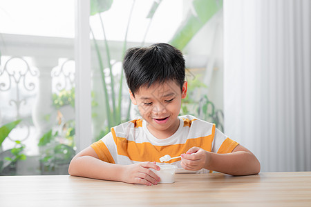 可爱的小男孩在家里吃冰淇淋早餐童年甜点酸奶营养孩子勺子男生奶制品小吃图片
