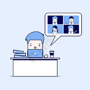 使用视频会议商务会议的商务人士 在线虚拟会议在家工作 卡通人物细线风格矢量图片