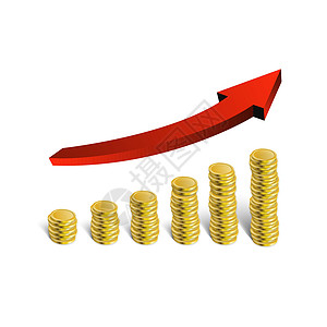 金融增长 3d 红色箭头矢量 堆积的硬币插图 每股收益 1宝藏预算公司支付首都纽带分数销售金子项目图片