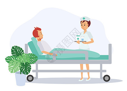 护士在病房里给病人吃药 吃药的时间 住院病和治疗理念 平面矢量卡通人物插画图片