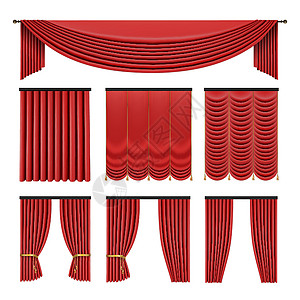 红色窗帘设置在孤立的白色背景上的经典风格 逼真的 3d 豪华矢量图收藏婚礼电影大厅场景窗户抹布剧院布料房间图片