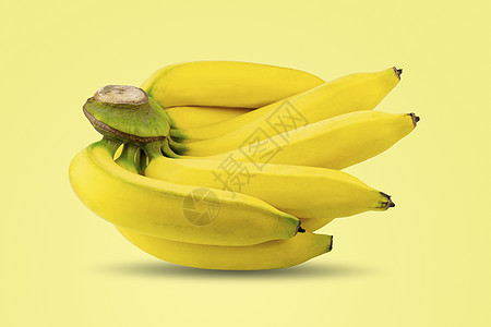 一群成熟的香蕉在黄面色背景上隔绝的同一个树枝上剥黄色皮图片