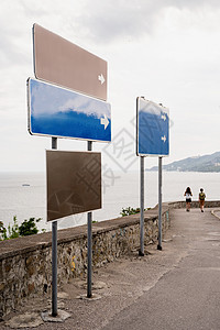 沿海边公路一带的蓝色和棕色街道标志图片