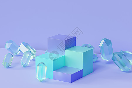蓝色薄荷讲台或基座 用于产品或广告 在柔和的背景上使用玻璃晶体最小 3d 插图 rende图片